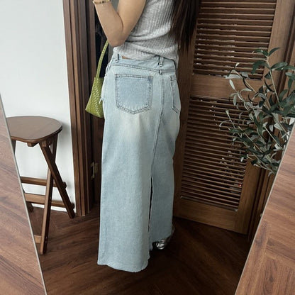 Mid Rise Washed Denim Maxi A-Line Skirt