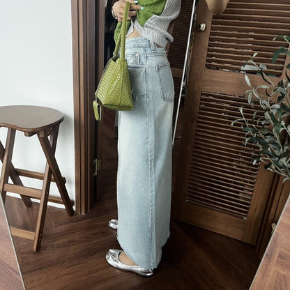 Mid Rise Washed Denim Maxi A-Line Skirt