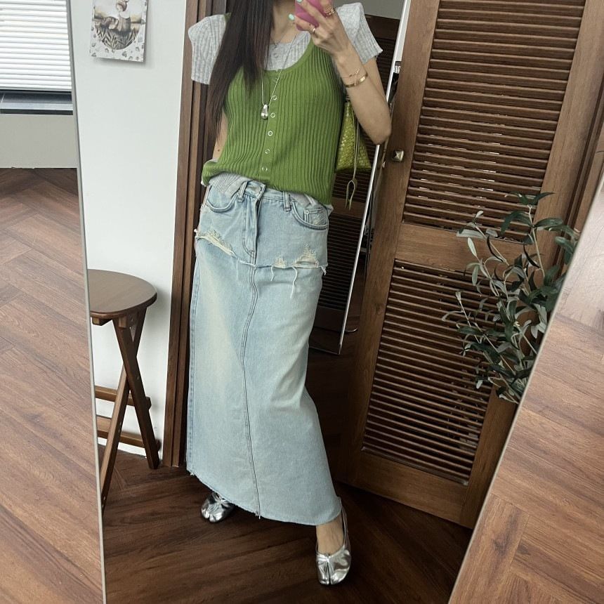 Mid Rise Washed Denim Maxi A-Line Skirt