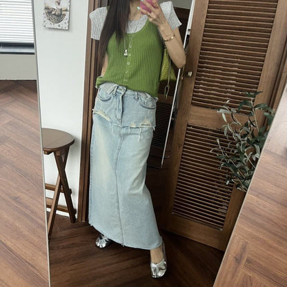 Mid Rise Washed Denim Maxi A-Line Skirt