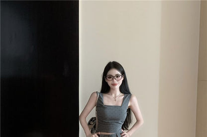Square Neck Micro Dot Lace Trim Ruched Crop Tank Top / High Waist Bubble Hem Shorts