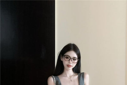 Square Neck Micro Dot Lace Trim Ruched Crop Tank Top / High Waist Bubble Hem Shorts