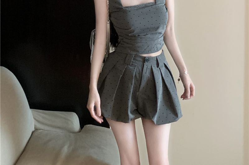 Square Neck Micro Dot Lace Trim Ruched Crop Tank Top / High Waist Bubble Hem Shorts