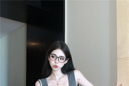 Square Neck Micro Dot Lace Trim Ruched Crop Tank Top / High Waist Bubble Hem Shorts