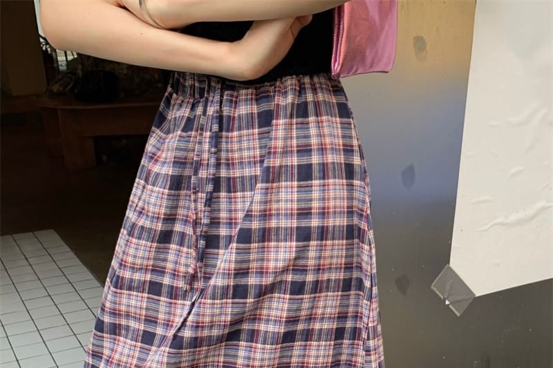 Drawstring Waist Plaid Maxi A-Line Skirt