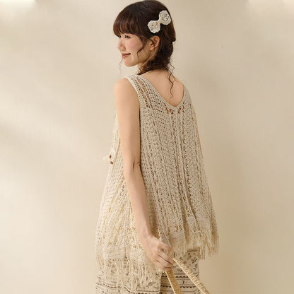 Sleeveless V-neck Crochet Lace Tasseled Top
