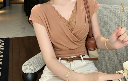Mock Two-Piece Short-Sleeve V-Neck Lace Panel Ruched Crop T-Shirt