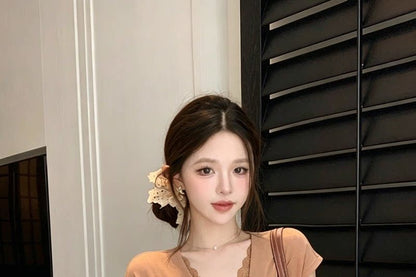 Mock Two-Piece Short-Sleeve V-Neck Lace Panel Ruched Crop T-Shirt