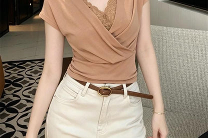 Mock Two-Piece Short-Sleeve V-Neck Lace Panel Ruched Crop T-Shirt
