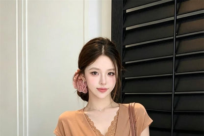 Mock Two-Piece Short-Sleeve V-Neck Lace Panel Ruched Crop T-Shirt
