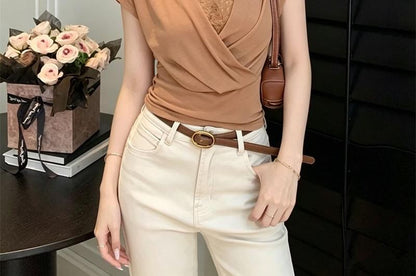 Mock Two-Piece Short-Sleeve V-Neck Lace Panel Ruched Crop T-Shirt