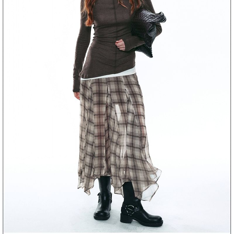Mid Rise Plaid Asymmetrical Mesh Maxi A-Line Skirt