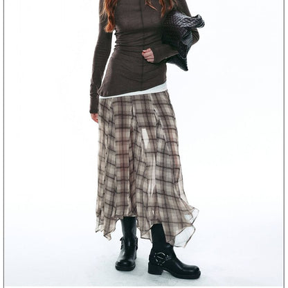 Mid Rise Plaid Asymmetrical Mesh Maxi A-Line Skirt