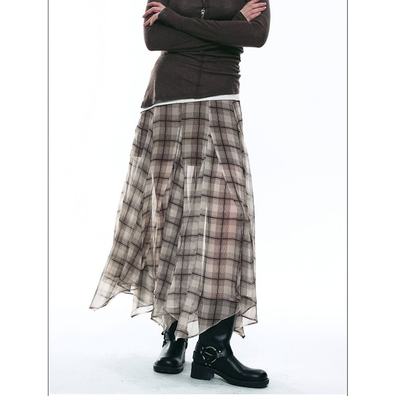 Mid Rise Plaid Asymmetrical Mesh Maxi A-Line Skirt