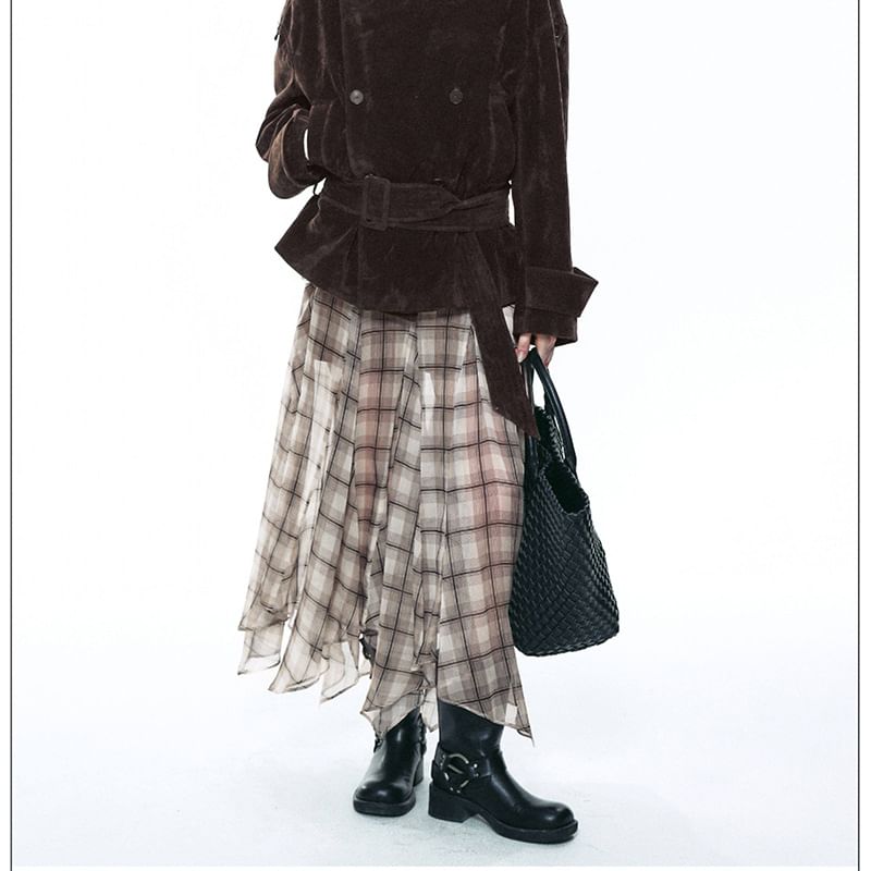 Mid Rise Plaid Asymmetrical Mesh Maxi A-Line Skirt