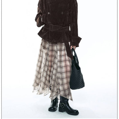 Mid Rise Plaid Asymmetrical Mesh Maxi A-Line Skirt