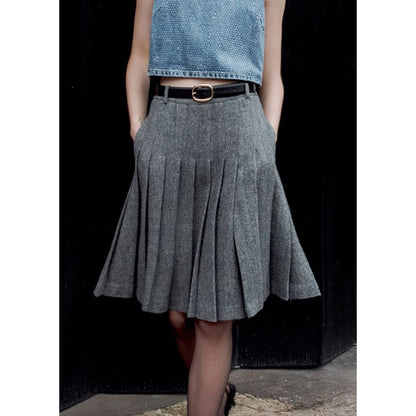 High Waist Herringbone Pleated Slit A-Line Skirt