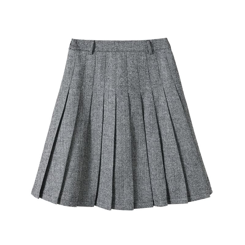 High Waist Herringbone Pleated Slit A-Line Skirt