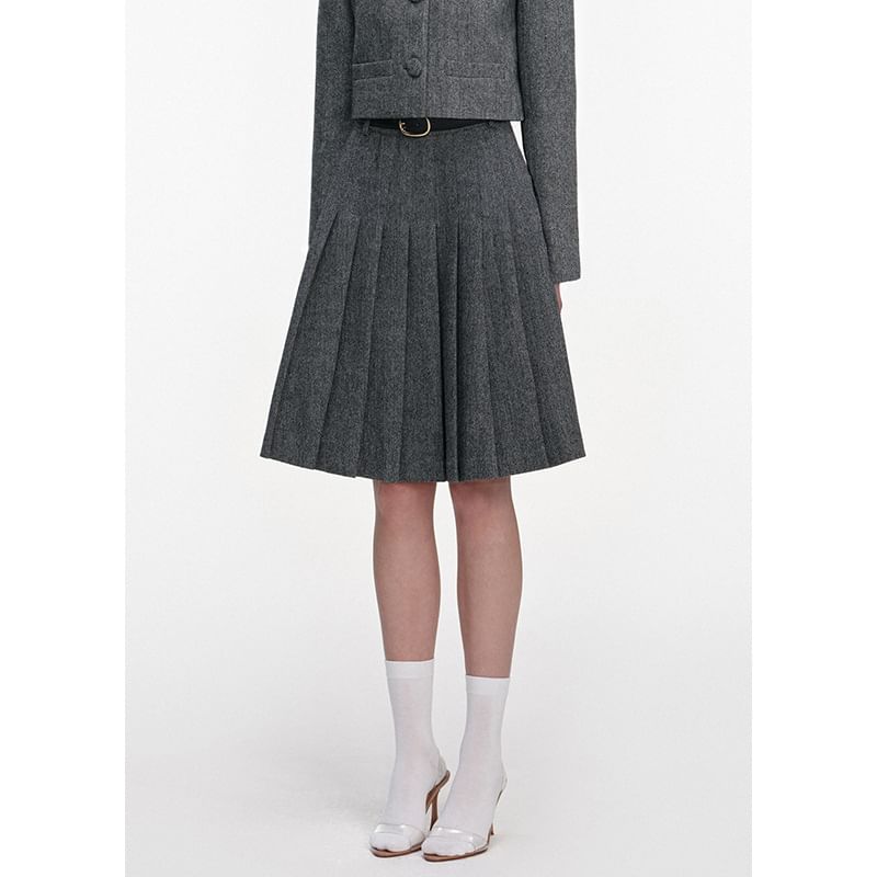 High Waist Herringbone Pleated Slit A-Line Skirt