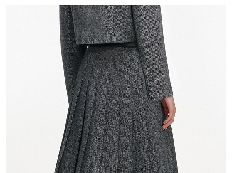 High Waist Herringbone Pleated Slit A-Line Skirt