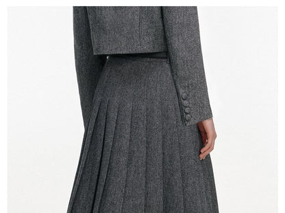 High Waist Herringbone Pleated Slit A-Line Skirt