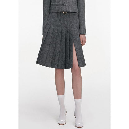 High Waist Herringbone Pleated Slit A-Line Skirt