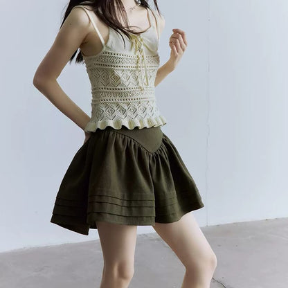 High Waist Plain Gathered Mini A-Line Skirt