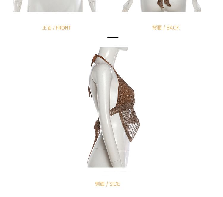 Halter Neck Melange Metal Accent Cutout Open Back Crop Top / Low Rise Mini Pencil Skirt