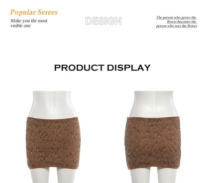 Halter Neck Melange Metal Accent Cutout Open Back Crop Top / Low Rise Mini Pencil Skirt
