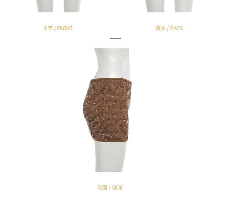 Halter Neck Melange Metal Accent Cutout Open Back Crop Top / Low Rise Mini Pencil Skirt
