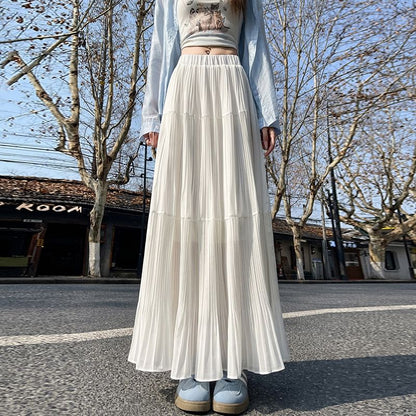 Elastic Waist Plain Tiered Chiffon Maxi A-Line Skirt