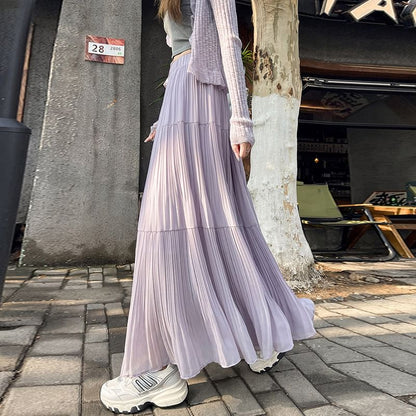 Elastic Waist Plain Tiered Chiffon Maxi A-Line Skirt