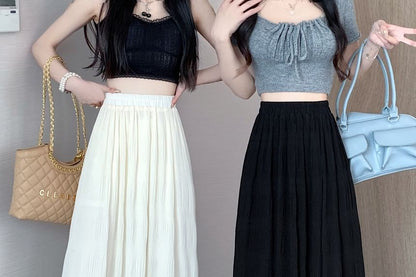 Elastic Waist Plain Midi A-Line Skirt