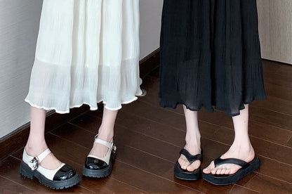 Elastic Waist Plain Midi A-Line Skirt