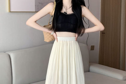 Elastic Waist Plain Midi A-Line Skirt