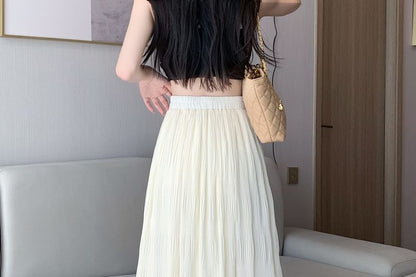 Elastic Waist Plain Midi A-Line Skirt