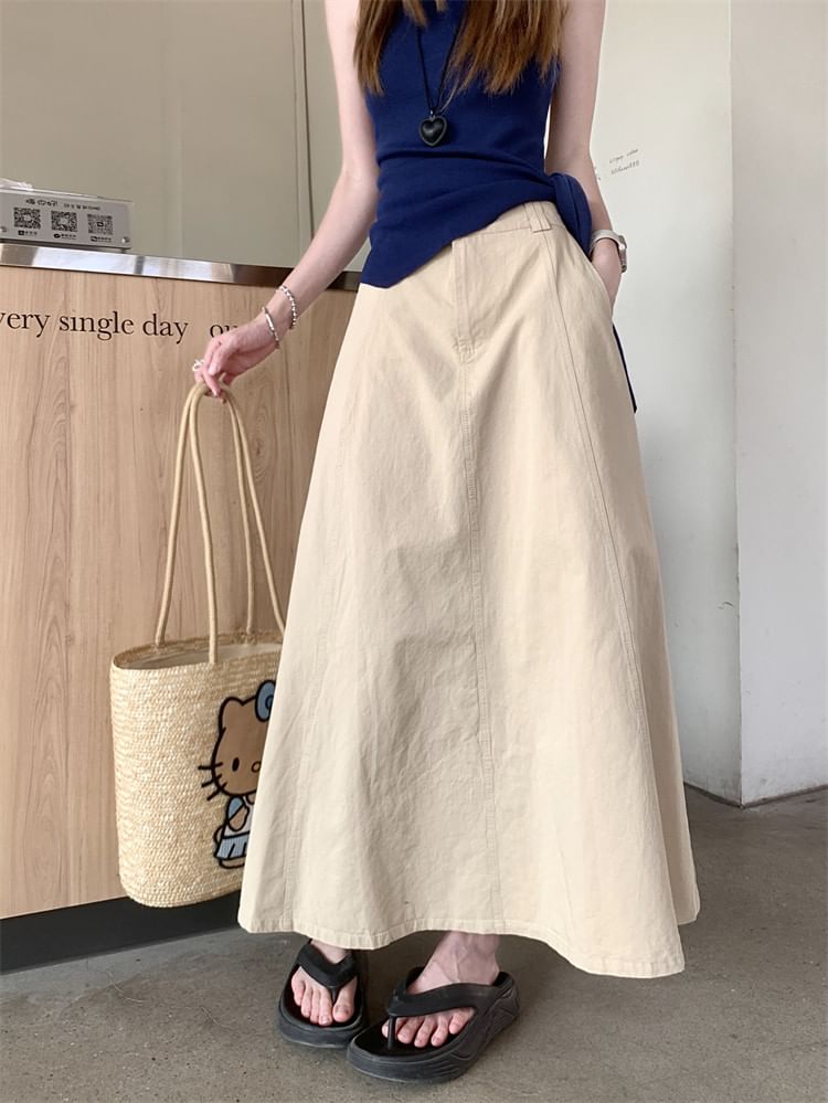 High Waist Plain Maxi A-Line Skirt