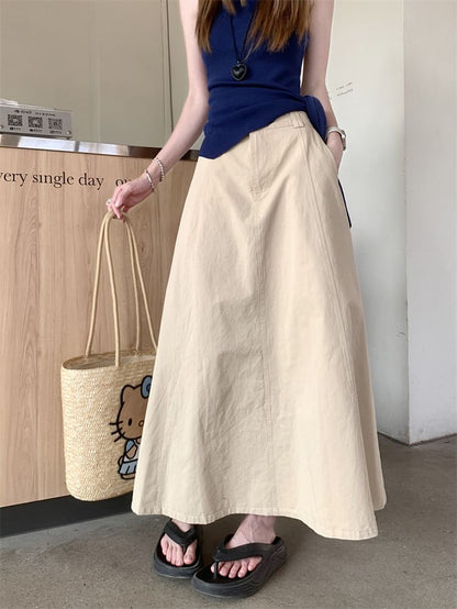 High Waist Plain Maxi A-Line Skirt