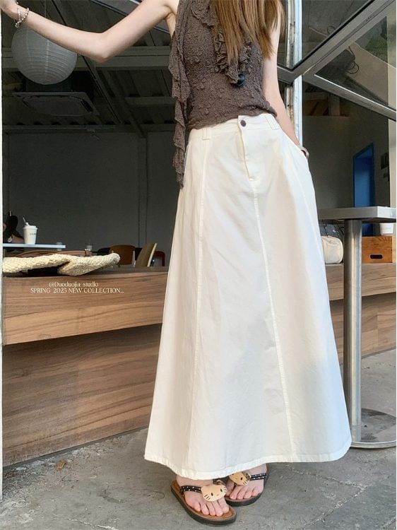 High Waist Plain Maxi A-Line Skirt
