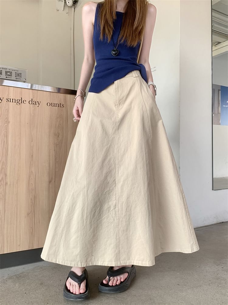 High Waist Plain Maxi A-Line Skirt