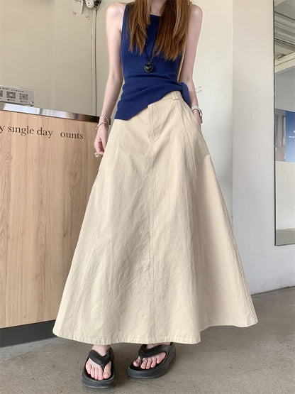High Waist Plain Maxi A-Line Skirt