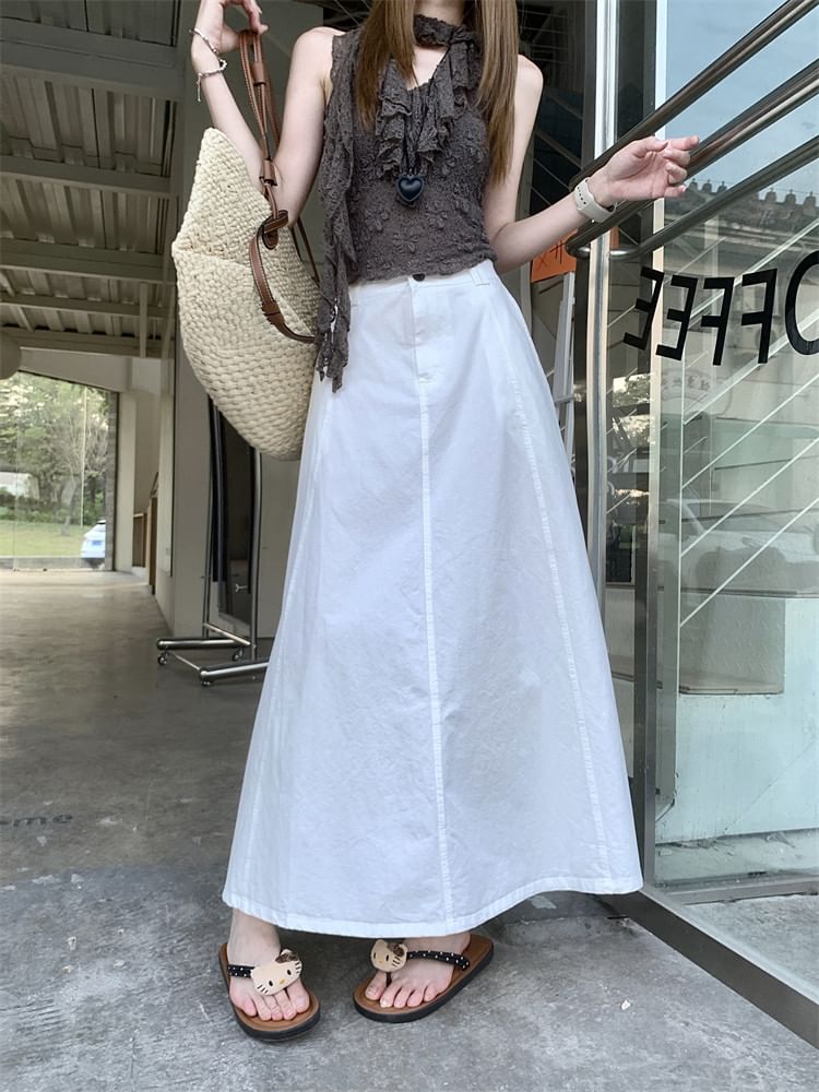High Waist Plain Maxi A-Line Skirt