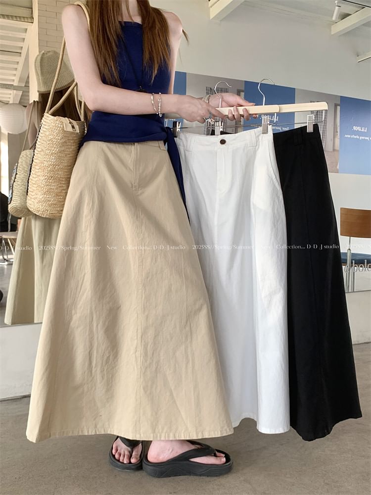 High Waist Plain Maxi A-Line Skirt
