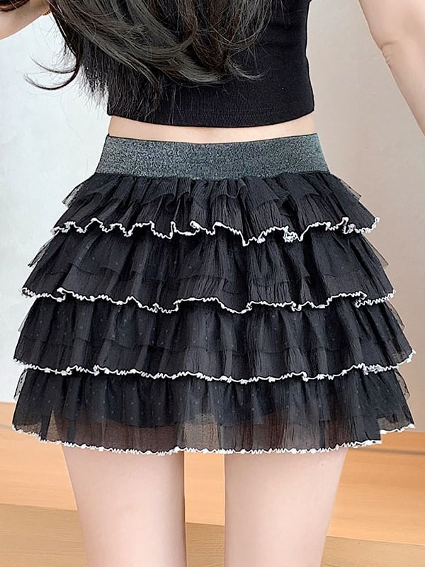 High Waist Contrast Trim Tiered Mesh Mini A-Line Skirt