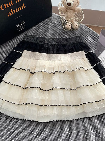 High Waist Contrast Trim Tiered Mesh Mini A-Line Skirt