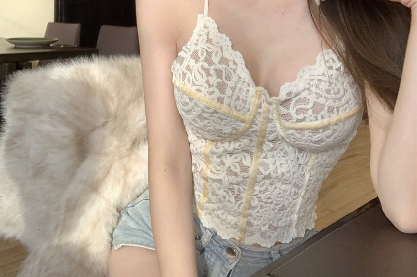 V-Neck Lace Overlay Padded Camisole Top