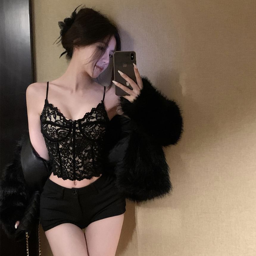 V-Neck Lace Overlay Padded Camisole Top