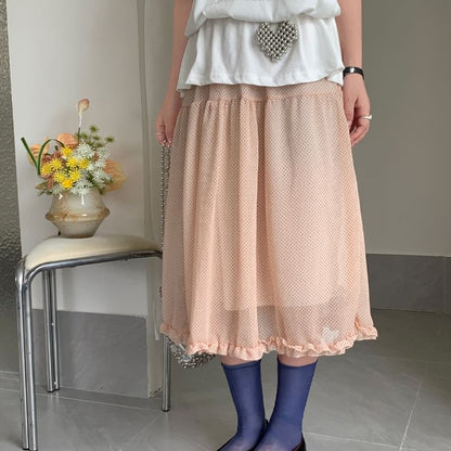 Elastic Waist Micro Dot Frill Trim Sheer Midi A-Line skirt
