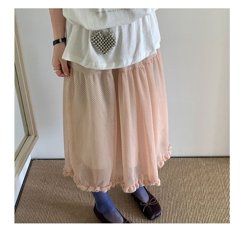 Elastic Waist Micro Dot Frill Trim Sheer Midi A-Line skirt