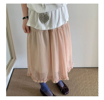 Elastic Waist Micro Dot Frill Trim Sheer Midi A-Line skirt